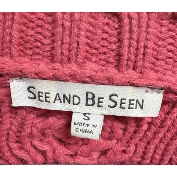 Vici Sun Goes Down Cable Knit Fringe Magenta Pink Pullover Sweater Size Small - Picture 3 of 4